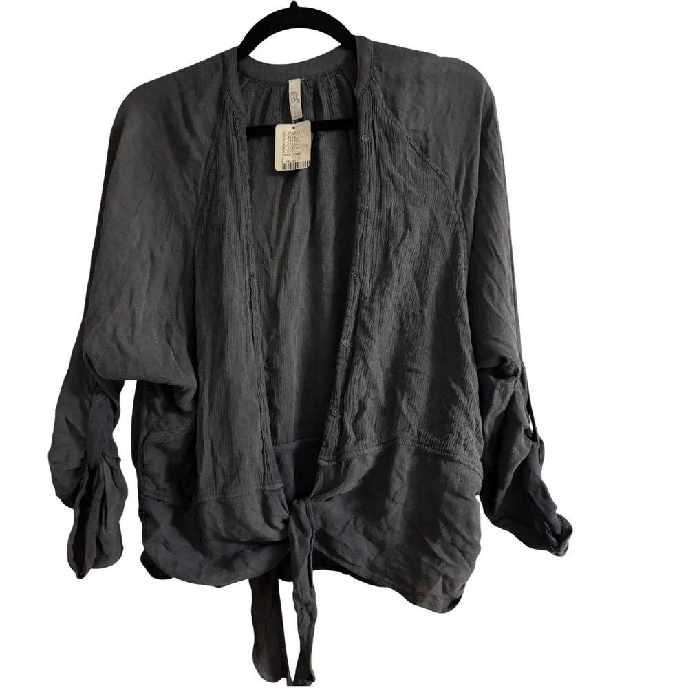 Free People Slate Blue Grey Rayon Gauze Tie Front Blouse Small NWT